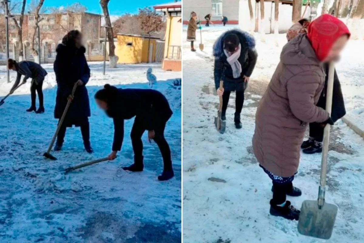 В Узбекистане учителей заставили расчищать снег на территории школы 
