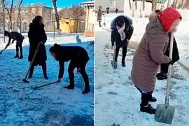 В Узбекистане учителей заставили расчищать снег на территории школы 